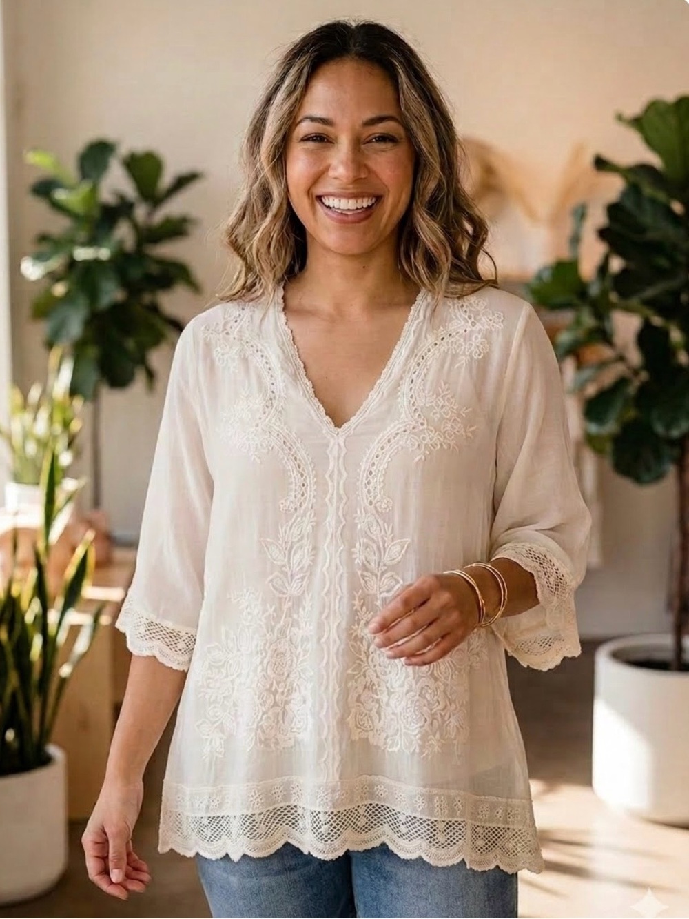 Johnny Was Embroidered Cottagecore Lace Tunic Boho Blouse Off White, Size S